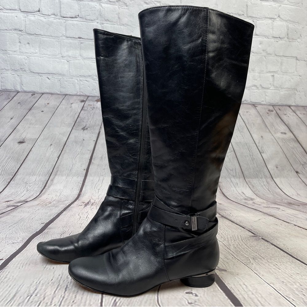 KARL LAGERFELD black leather side zip round heel riding boots, size 8.5 - Picture 7 of 15